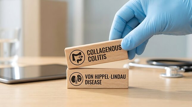 A hand wearing a blue medical glove stacking wooden blocks with collagenous colitis and von hippellindau disease labels