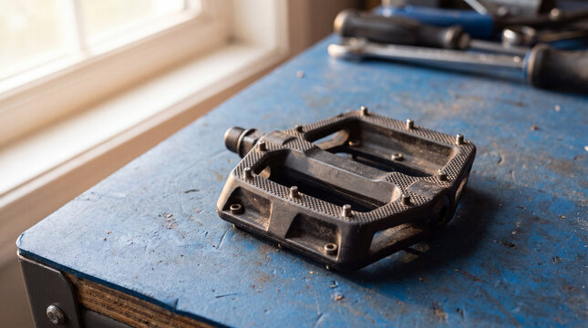 Worn bicycle pedal on a blue workshop bench