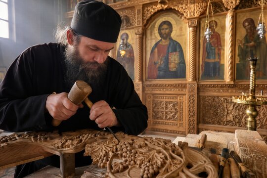 Monk in black cassock carving wooden ornament with chisel and mallet in orthodox church. Iconostasis with jesus icon in background.