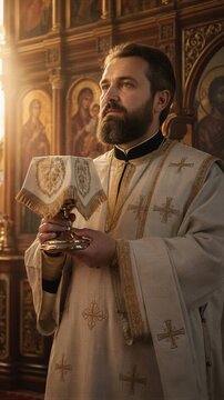 Orthodox priest holding chalice covered with embroidered cloth during church liturgy. Bearded man in white vestments with crosses praying near iconostasis.