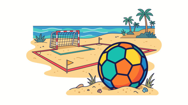 Colorful soccer ball on beach near goal