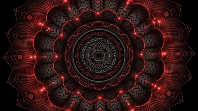 Abstract 3D dark glowing red geometric mandala kaleidoscope background loop   