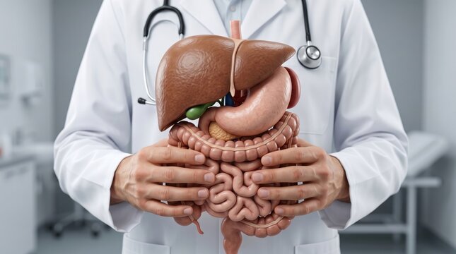 Doctor in a white coat holding a realistic anatomical model of human internal organs including liver, stomach and intestines, representing gastroenterology, digestive health, medical education concept