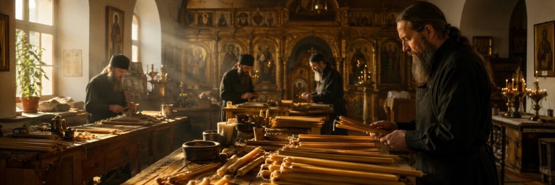 Monks making wax candles in orthodox church workshop. Bearded man holding handmade candles near iconostasis.