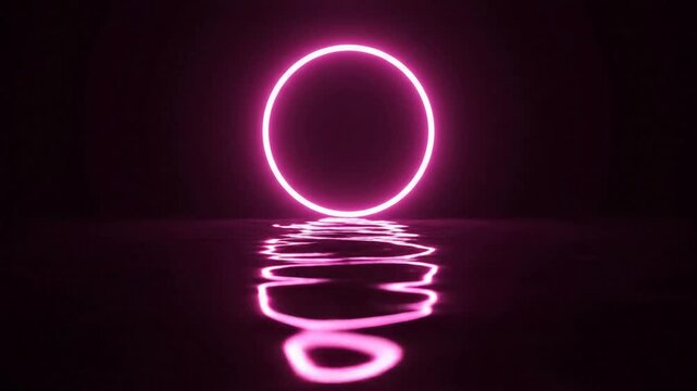 Glowing pink neon circle ring with water reflection loop background. futuristic cyberpunk abstract motion animation