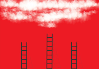 Ladders reaching up to white clouds on red background representing career growth and business success © Your Design Master