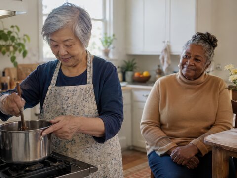 Older adult roommates concept shows Elderly woman cooking while another woman watches and smiles in a cozy kitchen setting.
