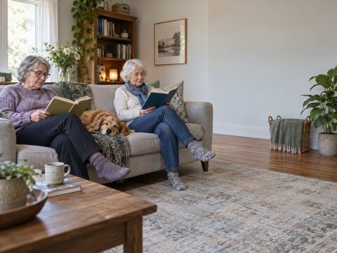 Older adult roommates concept shows Two elderly women sitting on a sofa reading books in a bright, cozy living room with plants.