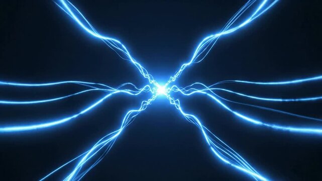 Blue neon electric arcs and pulsing energy waves tunnel background, animation for sci-fi, and technology projects