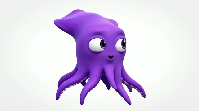 Cute 3D purple cartoon octopus character blinking and smiling animation on white background, squid 3D character