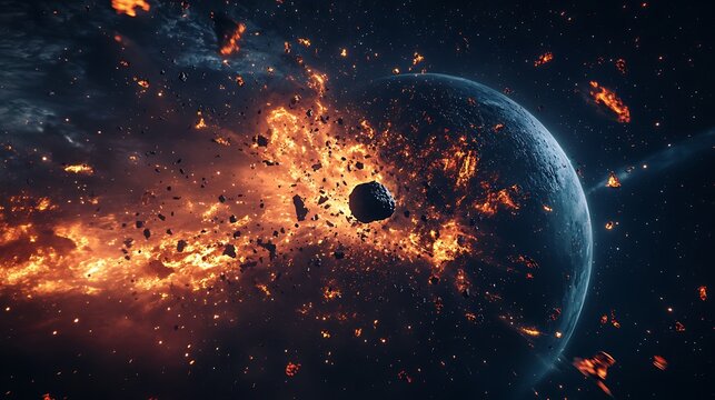 Dramatic cosmic collision of an asteroid hitting a planet with fiery