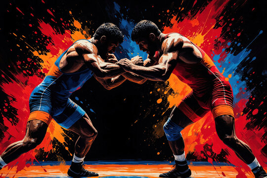 Two muscular male wrestlers compete in freestyle wrestling match. Athletes in blue, red singlets fight on mat with intense power. Dynamic splash background shows energy, strength during combat sport