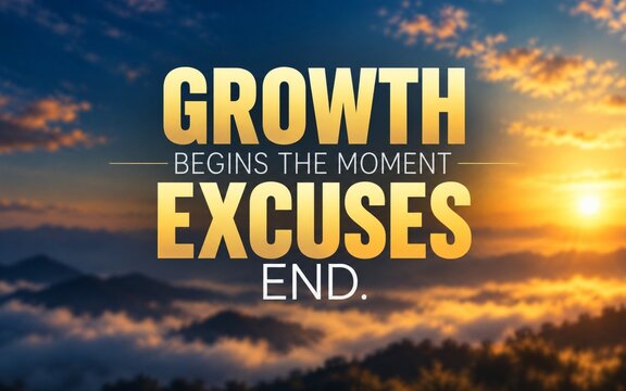 Motivational growth quote over a dramatic sunset sky, encouraging action, accountability, discipline, progress, and leaving excuses behind.