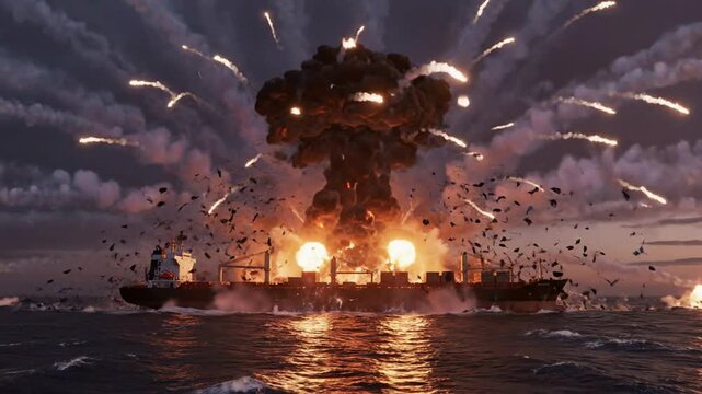 Massive missile strike and catastrophic cargo ship explosion at sea: intense naval warfare and disaster visual effects scene