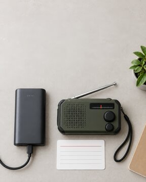 Living alone emergency preparedness concept shows Flat lay of power bank charging vintage radio with plant and notebook on table