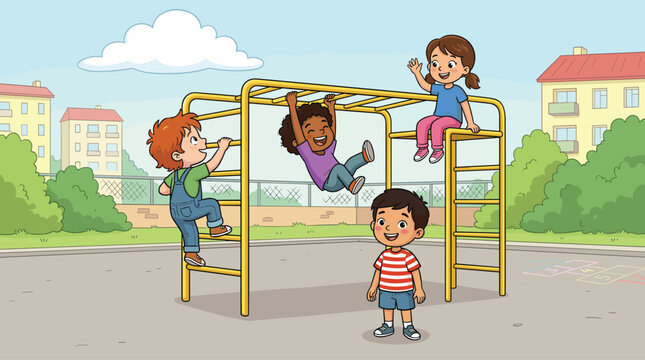 Happy children playing together on a monkey bar set in the school playground