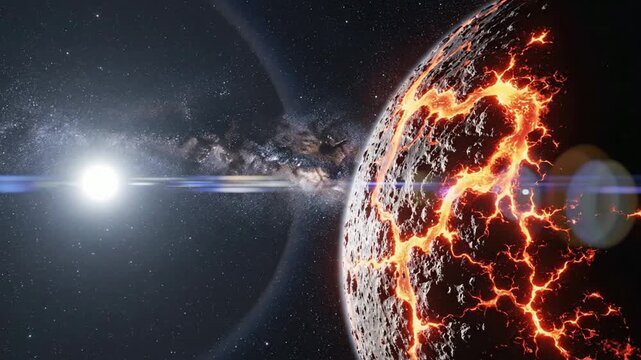 Volcanic exoplanet with glowing magma cracks near a bright star and galaxy in deep space background