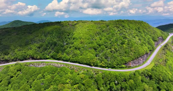 Mountain pass road in North Carolina Appalachian mountains, USA. Blue Ridge Parkway in summer season.