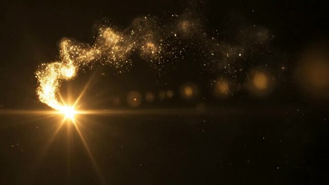 Golden magic particle trail with glowing lens flare light sweep for luxury background, and holiday golden particles