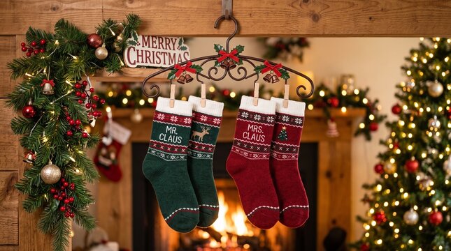 Christmas Stockings Hanging by the Fireplace in a Festive Holiday Home