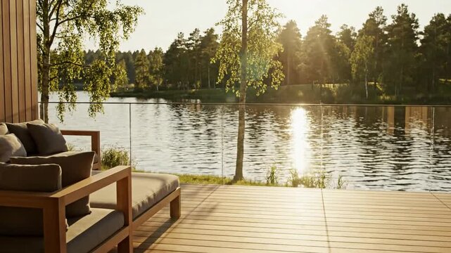 Luxury lakefront wooden deck patio with modern outdoor lounge furniture overlooking scenic forest and water at sunset