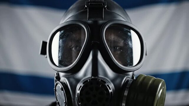 Person wearing black gas mask with filter against israel flag background, close-up portrait respirator