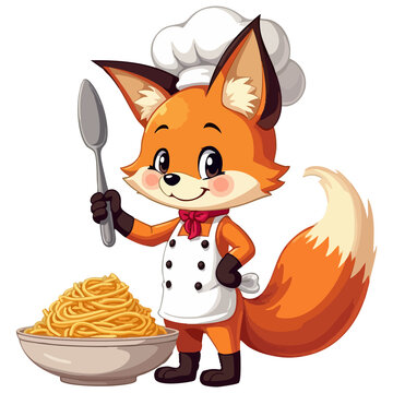 Cute cartoon fox chef character illustration, funny animal mascot holding a spoon with a bowl of delicious spaghetti pasta vector isolated on white background