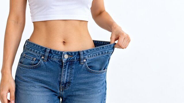 Healthy woman showing weight loss progress by wearing oversized jeans after successful dieting and fitness routine.