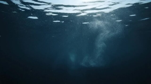 Cinematic underwater deep ocean background, with sun rays, floating plankton, and, glowing aquatic particles, flowing in dark, blue sea waters