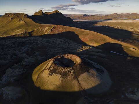 Aerial view, volcanic crater St&uacute;tur, Nor&eth;urn&aacute;mshraun lava field, Landmannalaugar, Fjallabak, Icelandic highlands, Iceland