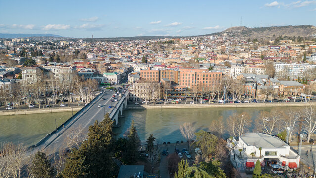 aerial view of baratashvili bridge and mtkvari river in tbilisi georgia