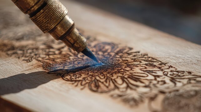 Close-up of wood burning tool creating intricate floral pattern on natural wood surface with warm ambient lighting