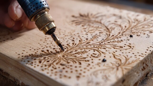 Close-up of hand using pyrography tool to burn intricate floral pattern onto wood surface during daylight