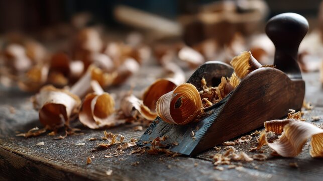 Wood plane with curls of shavings on a rustic workbench during woodworking