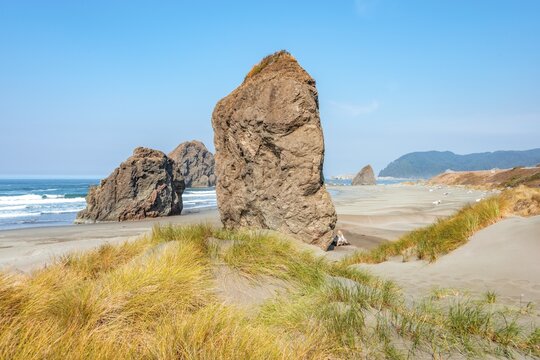 View over sandy beach with large monolithic rocks, coastal landscape, Pistol River Middle, Ariya's Beach, Oregon USA