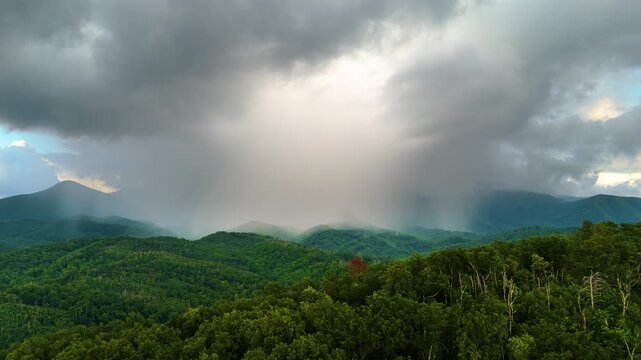 Nature landscape of Tennessee Appalachian mountains. Mountain forest with green canopies in summer rain season.
