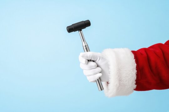 Santa Claus gloved hand holding a neurological reflex hammer against a blue background, festive medical concept featuring neurological examination and clinical diagnostic equipment.