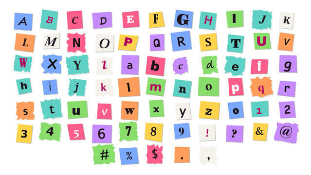 Ransom note style alphabet, numbers, and symbols cut out from colorful paper squares on a white background, collage of letters and digits