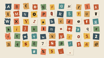 Alphabet and numbers set, cutout paper letters and symbols in various colors, ransom note style typography collection on beige background © Saneya