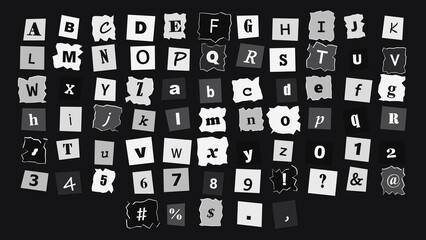 Ransom note style alphabet, numbers, and symbols cut from paper on a dark background, featuring various serif and sans-serif typography © Saneya
