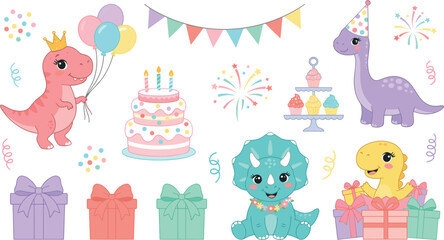 Cute Birthday Dinosaur Vector Element Set featuring Cartoon Dino Characters, Cake, Balloons, Gifts, and Party Decorations for Kids Celebration and Invitation Designs © Sohel