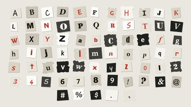 Ransom note alphabet with cut-out letters, numbers, and symbols on a beige background, featuring mixed fonts and torn paper edges
