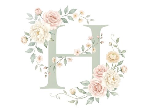 Elegant Watercolor Floral Letter H Monogram with Soft Pastel Roses and Delicate Greenery Decoration