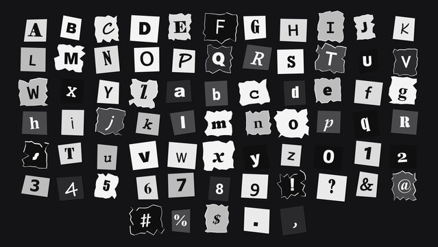 Ransom note style alphabet, numbers, and symbols cut from paper on a dark background, featuring various serif and sans-serif typography