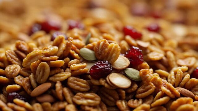 60 FPS macro push across crunchy granola with oats pumpkin seeds almonds and dried cranberries