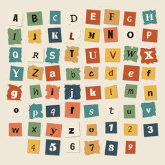 Alphabet and numbers collection, ransom note style with cut-out paper squares in various colors, textures, and serif or sans-serif typography © Saneya