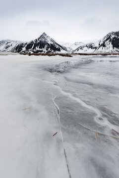 Icy landscape, volcanic black mountains with snow, Vesturland, West Iceland, Iceland
