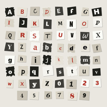 Ransom note style alphabet and numbers, cutout paper letters and digits in black, white, and red on a light gray background