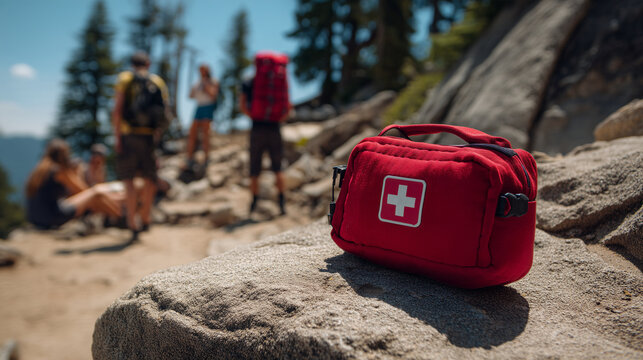 Red first aid kit placed on a rocky mountain trail with hikers in the background, illustrating outdoor safety, emergency preparedness, hiking and adventure travel.