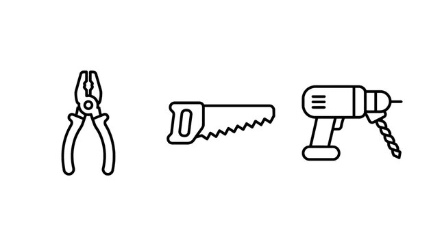 Line drawing of three hand tools with power drill aligned horizontally on transparent background